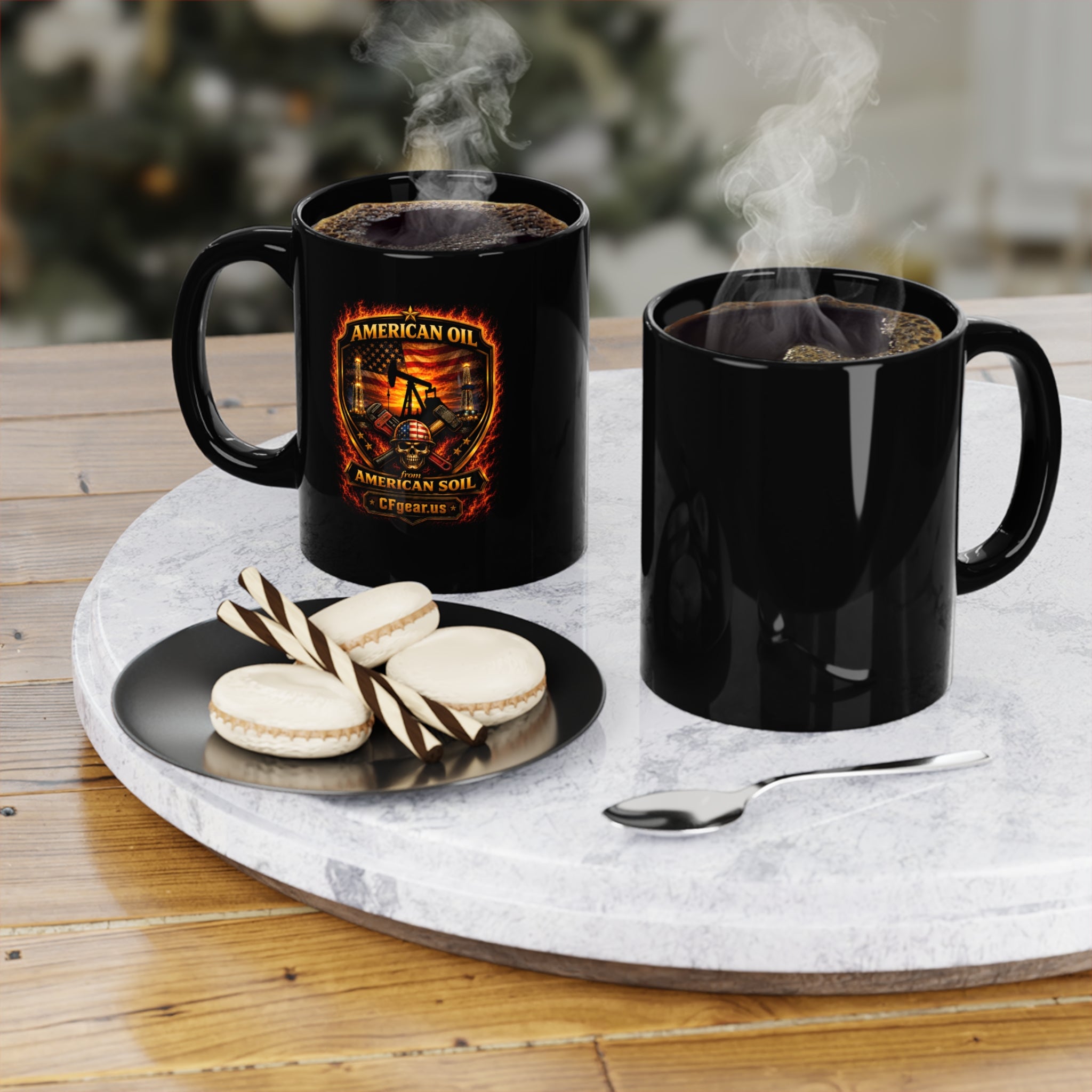 CFgear Crew Roughneck 11oz Black Coffee Mug — 'American Oil from American Soil' Patriotic Oilfield Design