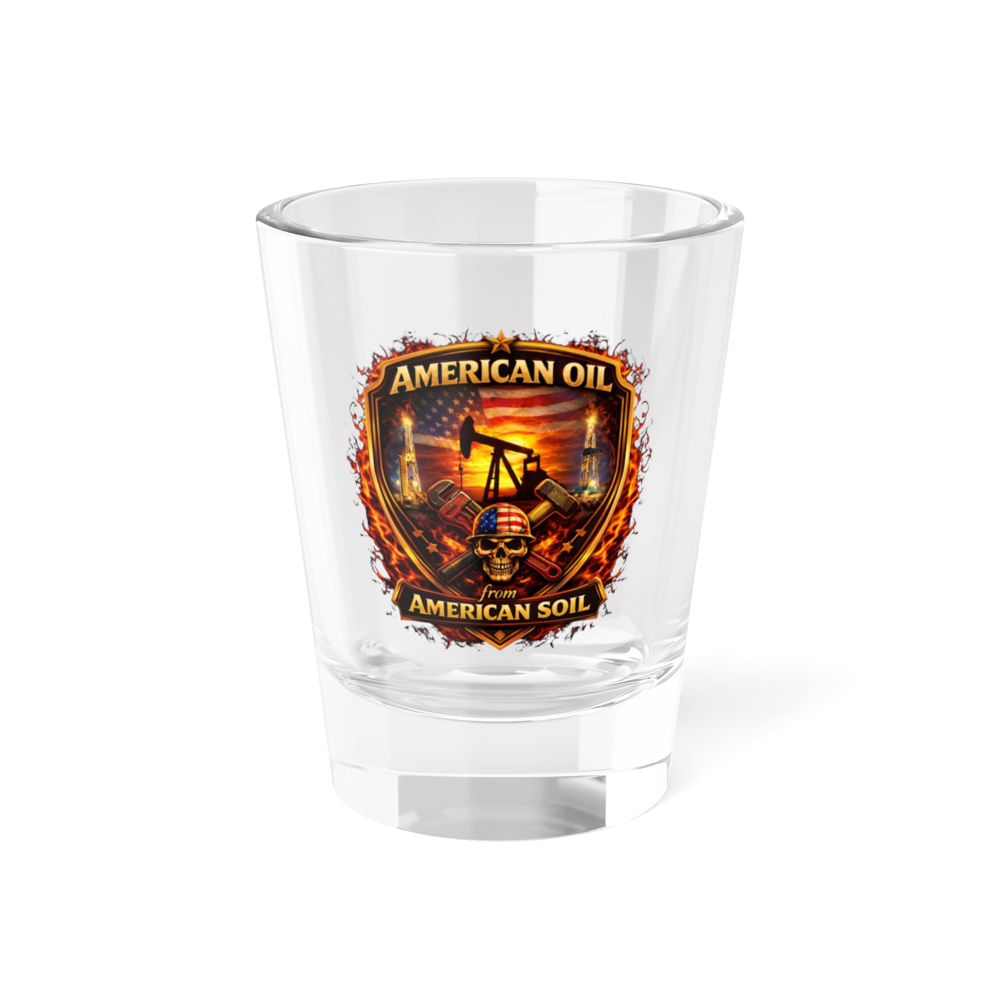 American Oil Shield Shot Glass — 'American Oil, American Soil' 1.5oz Collector Shooter