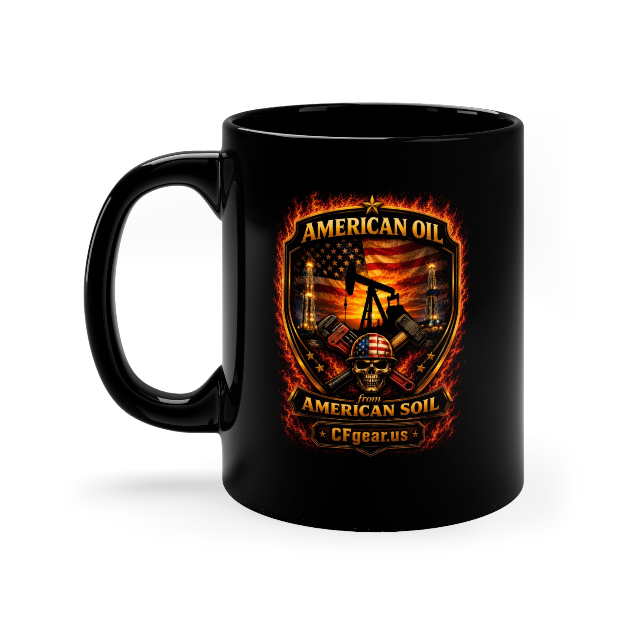 CFgear Crew Roughneck 11oz Black Coffee Mug — 'American Oil from American Soil' Patriotic Oilfield Design